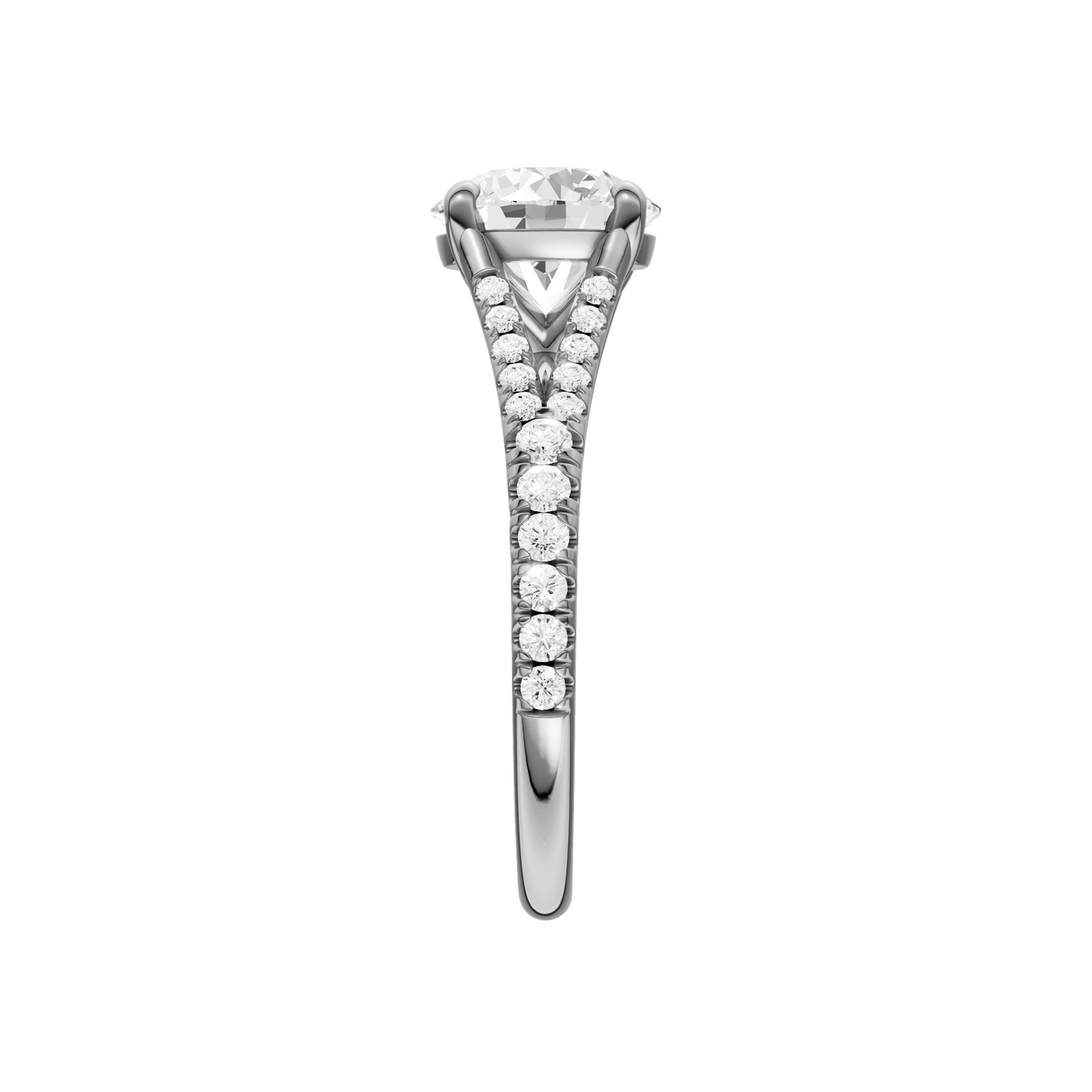 A side view of the Round cut diamond engagement ring in 14k white gold with a diamond band and solitaire setting