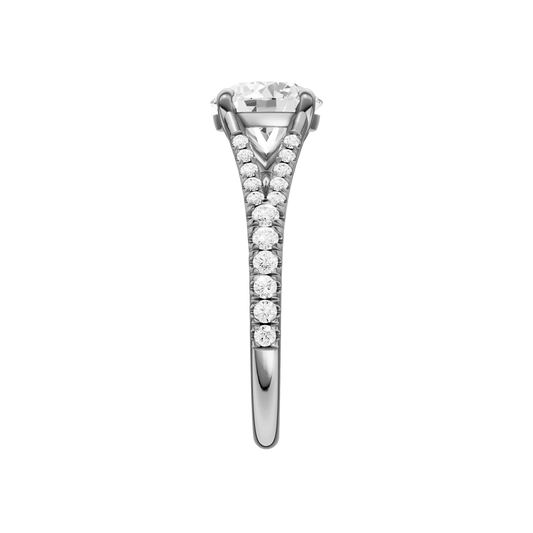A side view of the Round cut diamond engagement ring in 14k white gold with a diamond band and solitaire setting