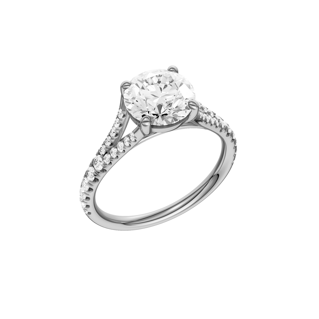 A three-quarter view of the Round cut diamond engagement ring in platinum with a diamond band and solitaire setting
