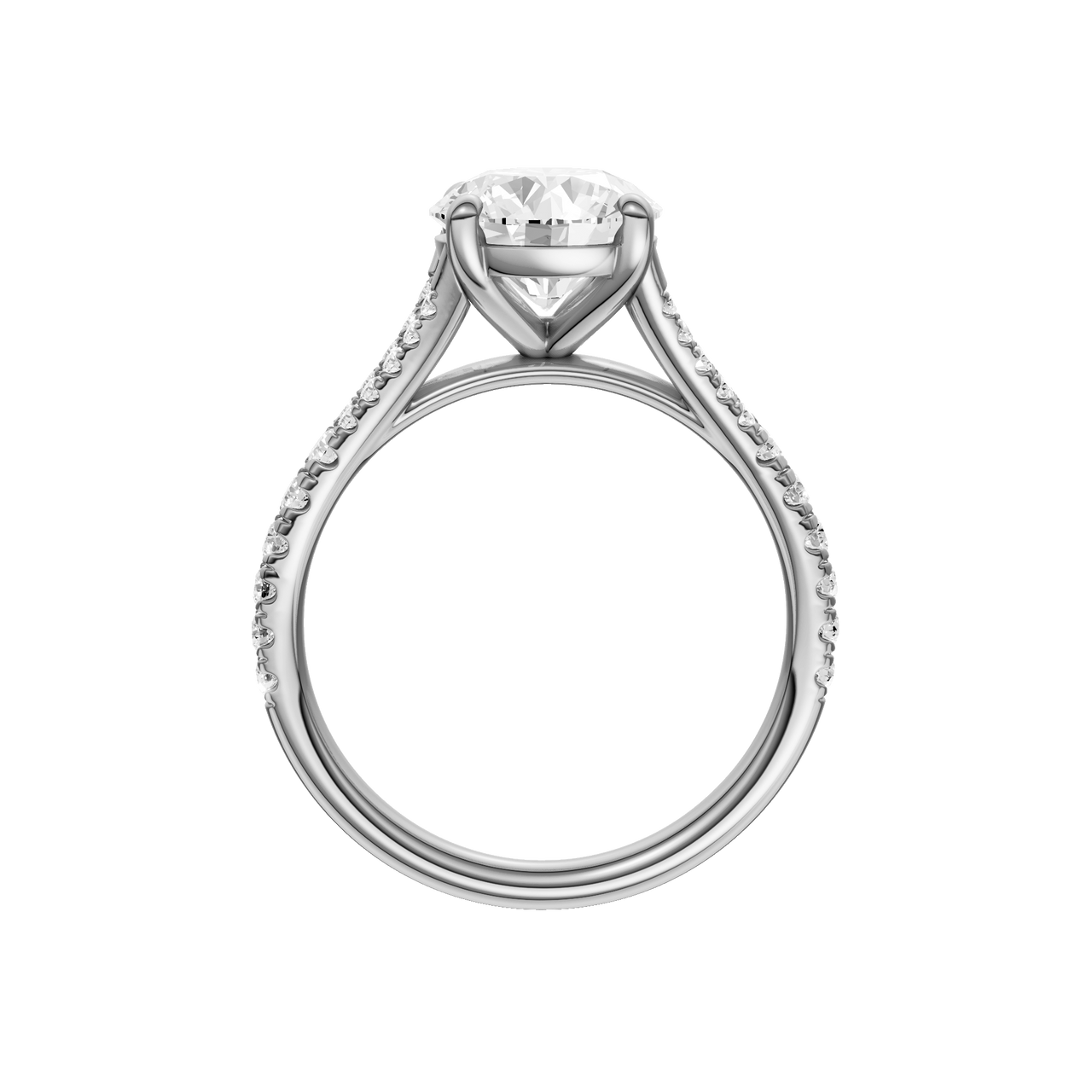 A profile view of the Round cut diamond engagement ring in platinum with a diamond band and solitaire setting