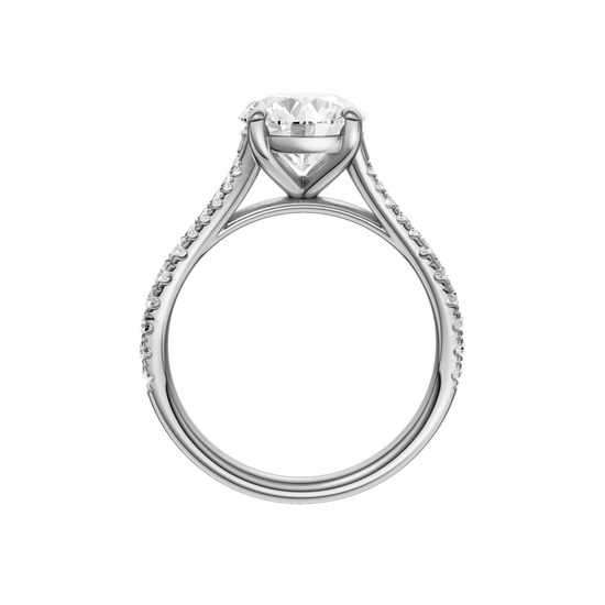 A profile view of the Round cut diamond engagement ring in 14k white gold with a diamond band and solitaire setting