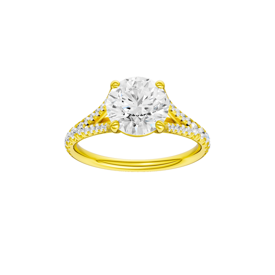 A front view of the Round cut diamond engagement ring in 14k yellow gold with a diamond band and solitaire setting