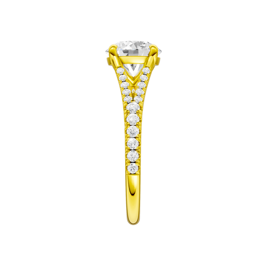 A side view of the Round cut diamond engagement ring in 14k yellow gold with a diamond band and solitaire setting