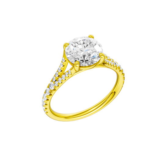 A three-quarter view of the Round cut diamond engagement ring in 14k yellow gold with a diamond band and solitaire setting