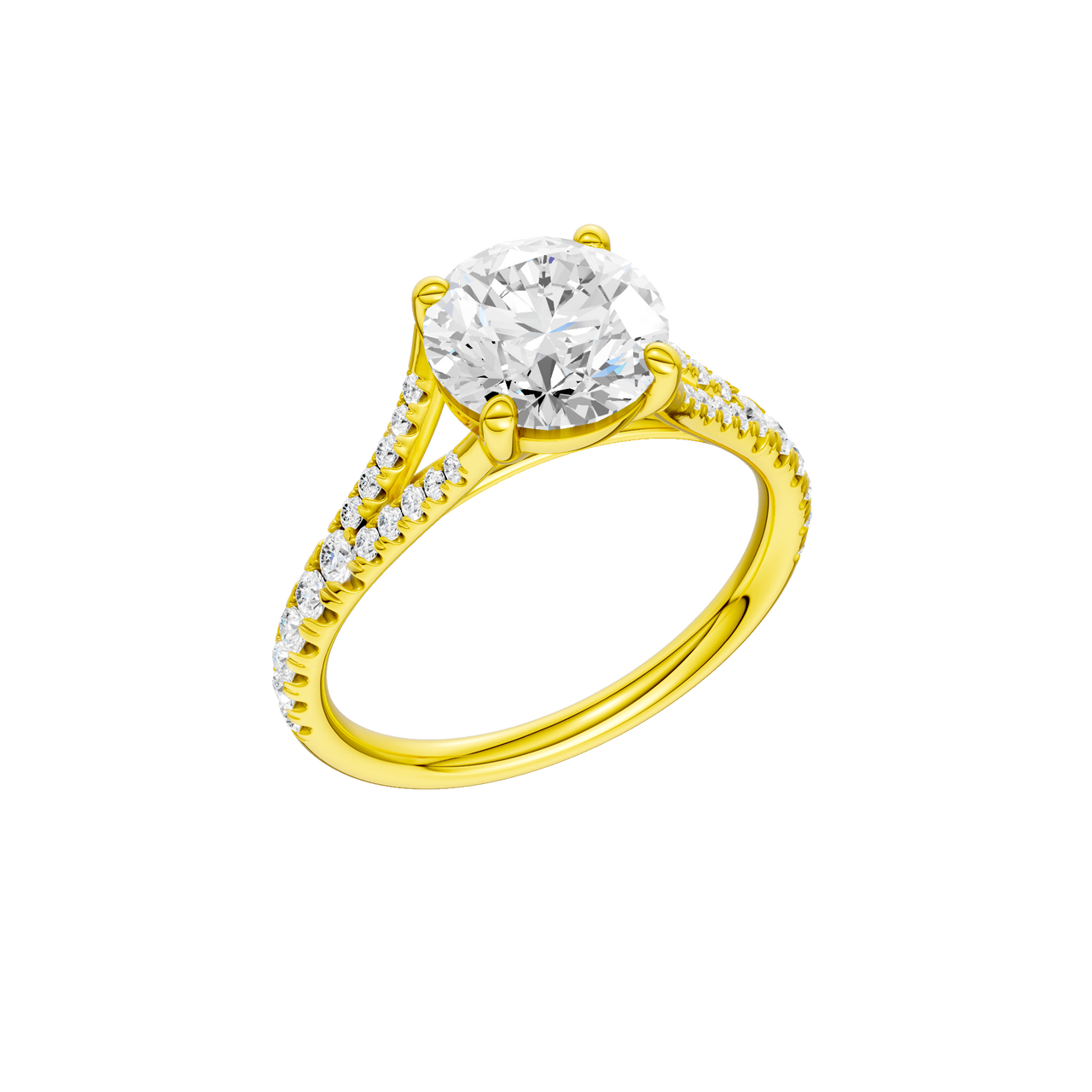 A three-quarter view of the Round cut diamond engagement ring in 14k yellow gold with a diamond band and solitaire setting