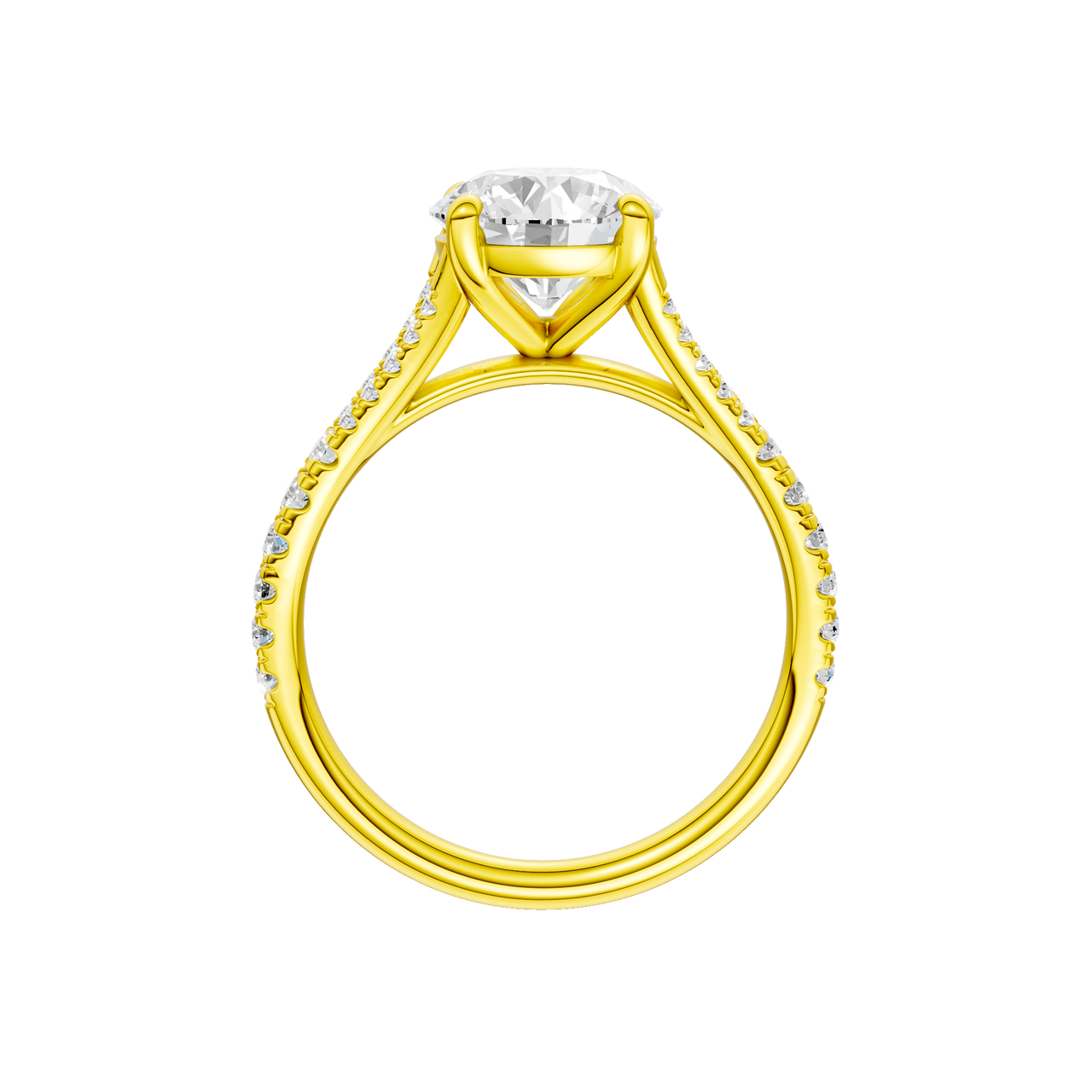 A profile view of the Round cut diamond engagement ring in 14k yellow gold with a diamond band and solitaire setting