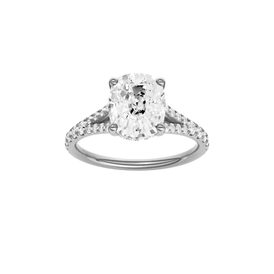 A front view of the Elongated Cushion cut diamond engagement ring in 14k white gold with a diamond band and hidden halo setting