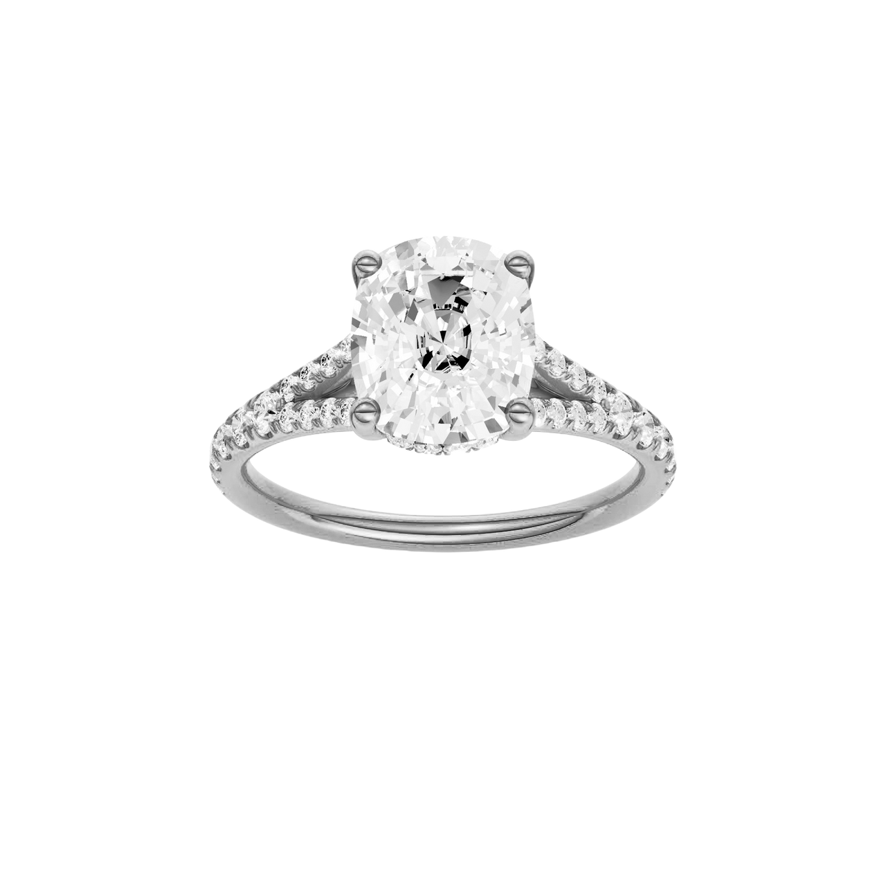 A front view of the Elongated Cushion cut diamond engagement ring in 14k white gold with a diamond band and hidden halo setting