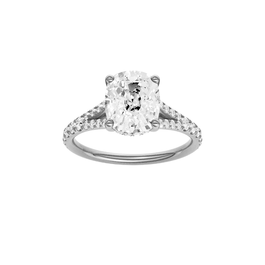 A front view of the Elongated Cushion cut diamond engagement ring in 14k white gold with a diamond band and hidden halo setting