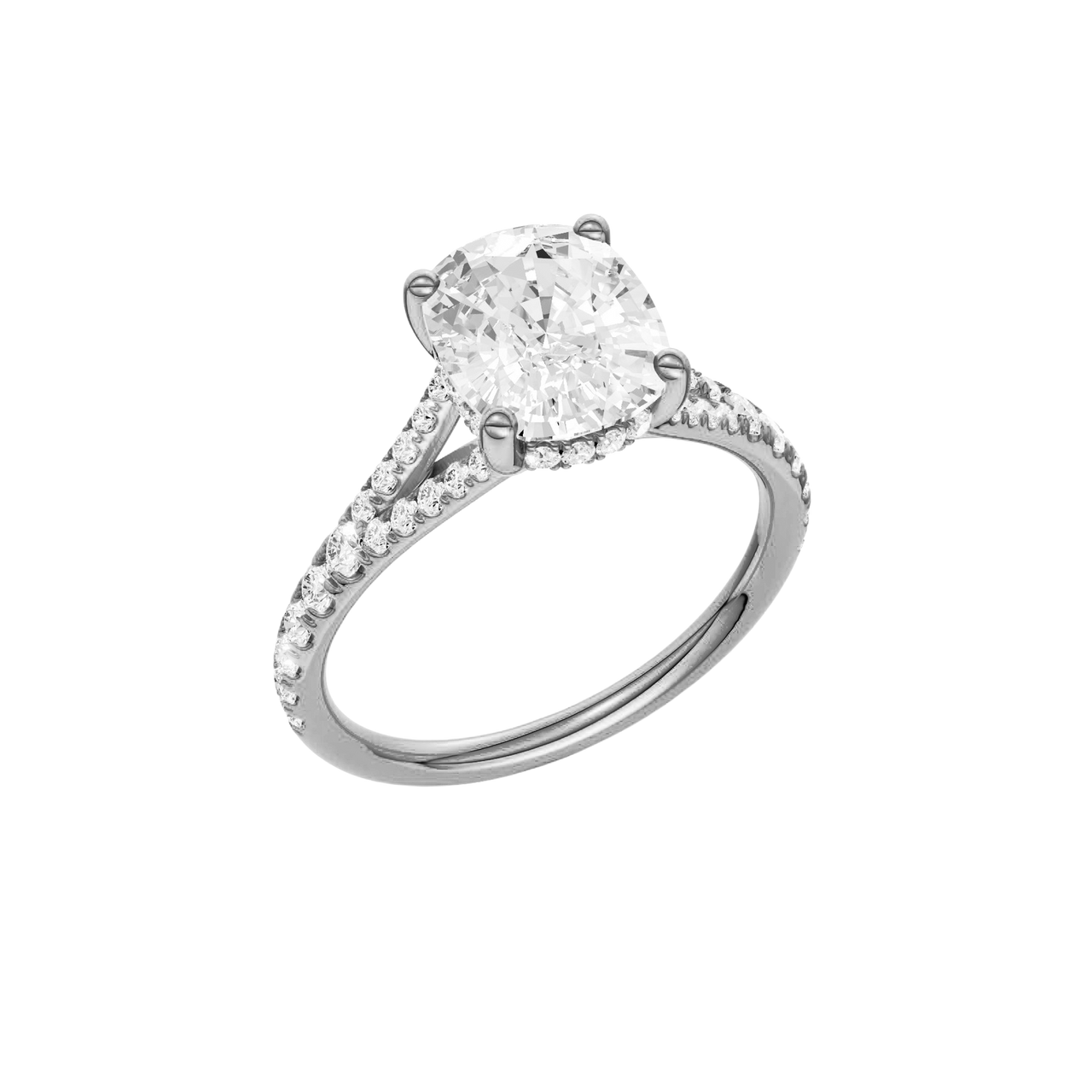 A three-quarter view of the Elongated Cushion cut diamond engagement ring in platinum with a diamond band and hidden halo setting