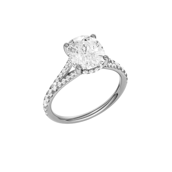 A three-quarter view of the Elongated Cushion cut diamond engagement ring in 14k white gold with a diamond band and hidden halo setting