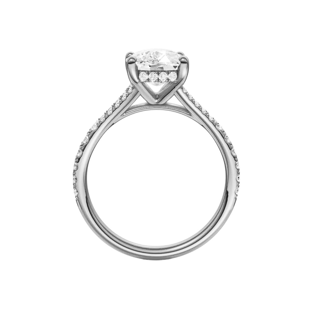A profile view of the Elongated Cushion cut diamond engagement ring in platinum with a diamond band and hidden halo setting