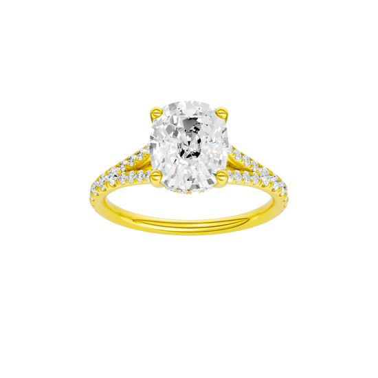 A front view of the Elongated Cushion cut diamond engagement ring in 14k yellow gold with a diamond band and hidden halo setting