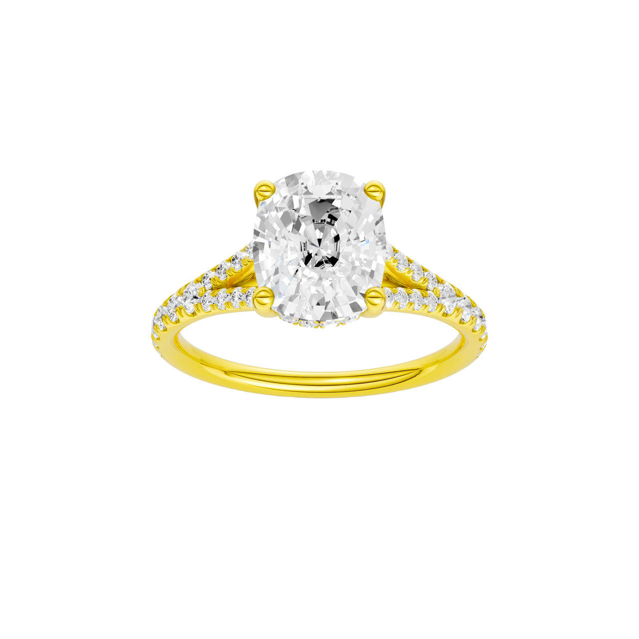 A front view of the Elongated Cushion cut diamond engagement ring in 14k yellow gold with a diamond band and hidden halo setting