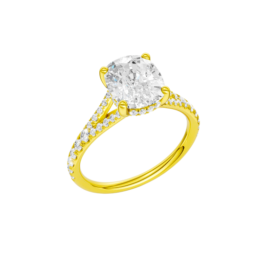 A three-quarter view of the Elongated Cushion cut diamond engagement ring in 14k yellow gold with a diamond band and hidden halo setting