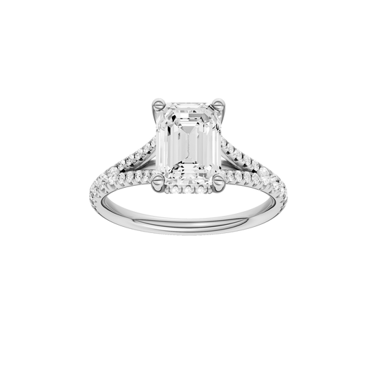 A front view of the Emerald cut diamond engagement ring in 14k white gold with a prong diamond band and hidden halo setting