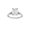 A front view of the Emerald cut diamond engagement ring in 14k white gold with a prong diamond band and hidden halo setting
