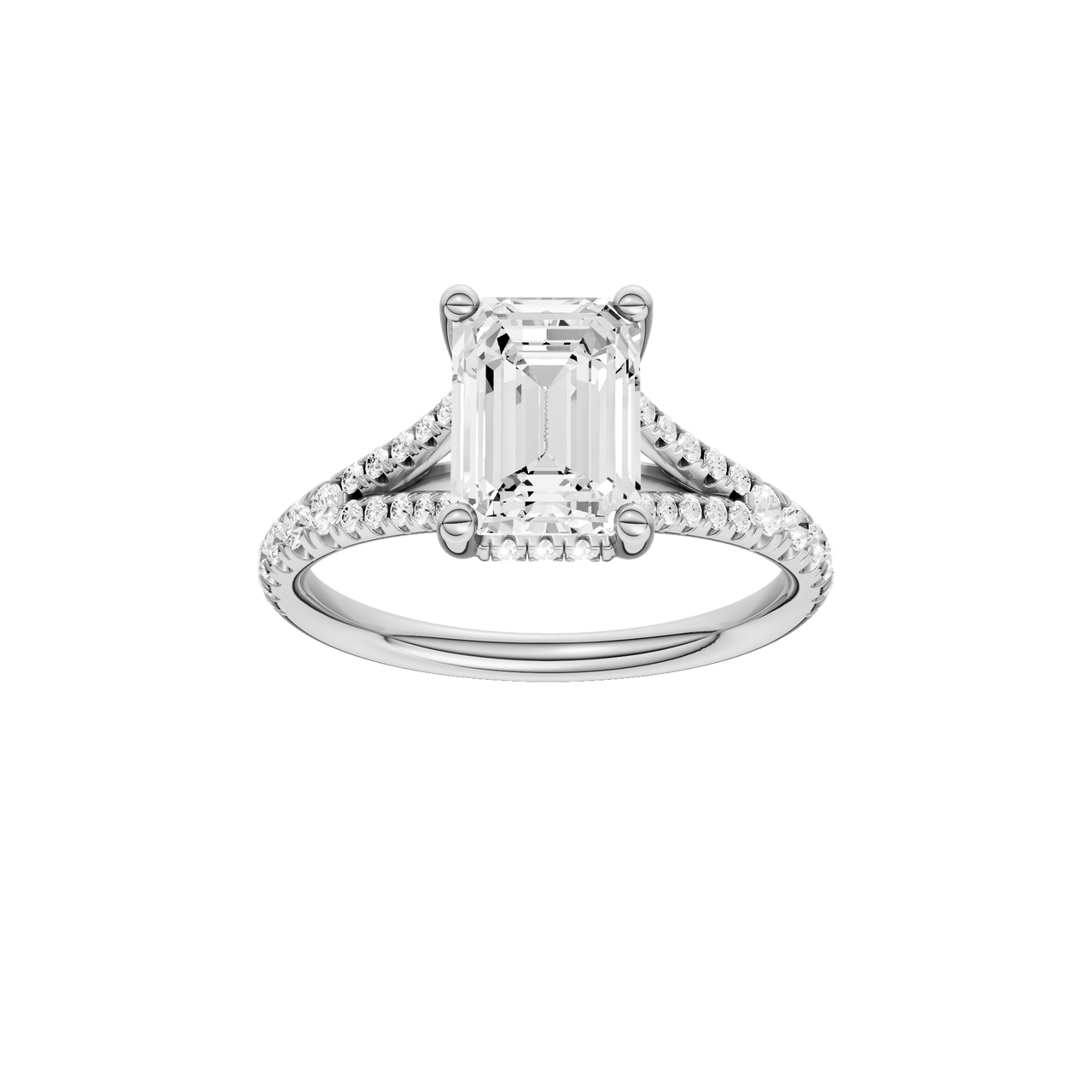 A front view of the Emerald cut diamond engagement ring in 14k white gold with a prong diamond band and hidden halo setting