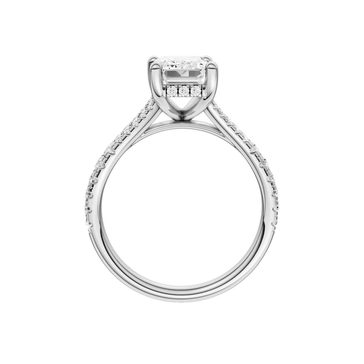 A profile view of the Emerald cut diamond engagement ring in platinum with a prong diamond band and hidden halo setting