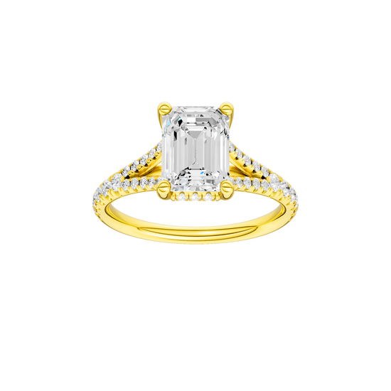 A front view of the Emerald cut diamond engagement ring in 14k yellow gold with a prong diamond band and hidden halo setting
