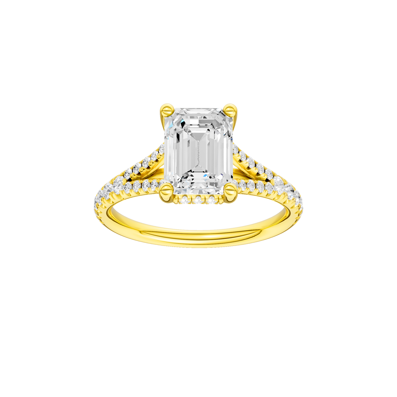 A front view of the Emerald cut diamond engagement ring in 14k yellow gold with a prong diamond band and hidden halo setting