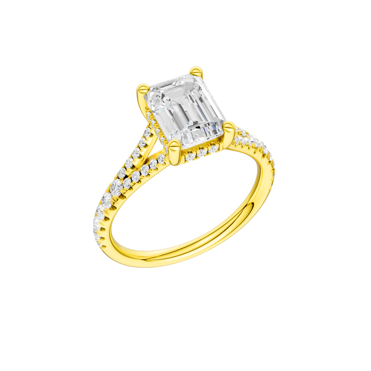 A three-quarter view of the Emerald cut diamond engagement ring in 14k yellow gold with a prong diamond band and hidden halo setting