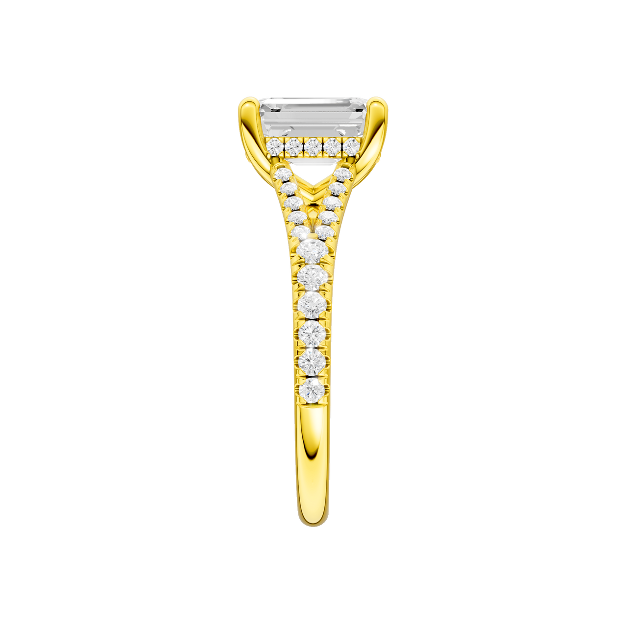 A side view of the Emerald cut diamond engagement ring in 14k yellow gold with a prong diamond band and hidden halo setting