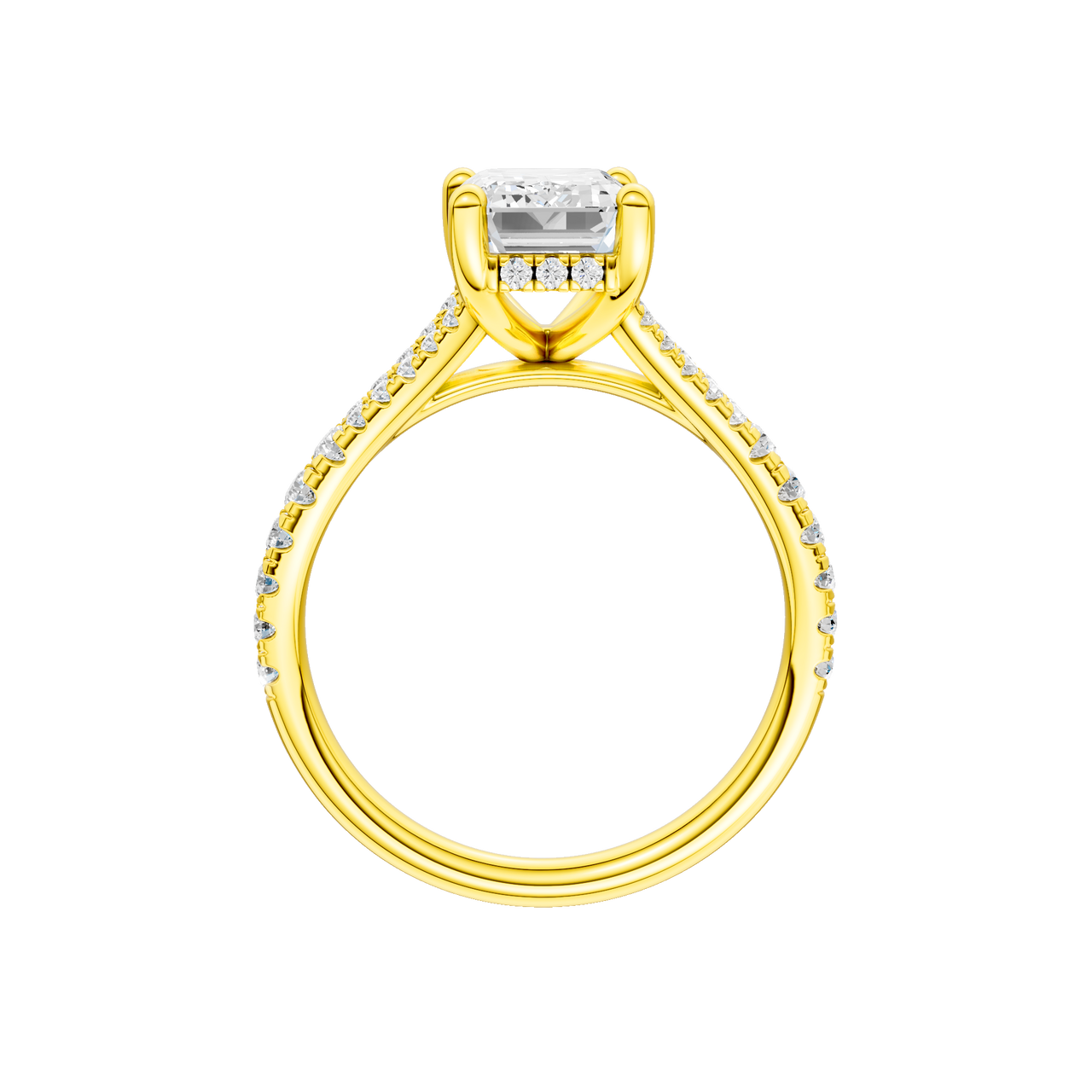 A profile view of the Emerald cut diamond engagement ring in 14k yellow gold with a prong diamond band and hidden halo setting