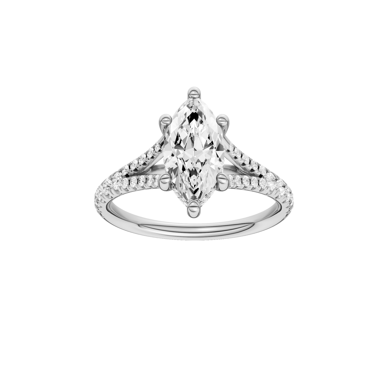 A front view of the Marquise cut diamond engagement ring in 14k white gold with a prong band and hidden halo setting