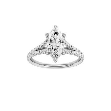 A front view of the Marquise cut diamond engagement ring in 14k white gold with a prong band and hidden halo setting