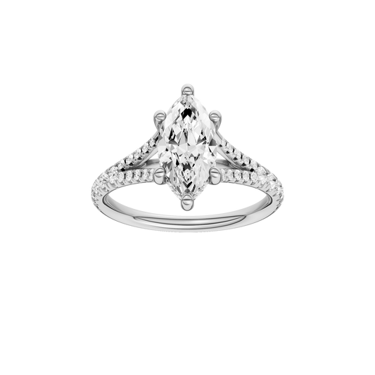 A front view of the Marquise cut diamond engagement ring in 14k white gold with a prong band and hidden halo setting