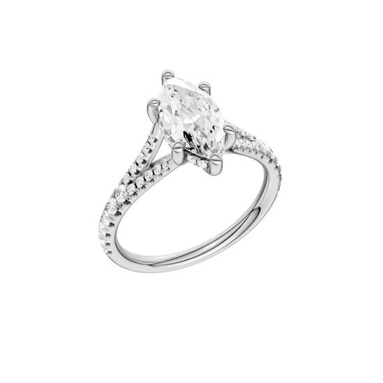 A three-quarter view of the Marquise cut diamond engagement ring in platinum with a prong band and hidden halo setting