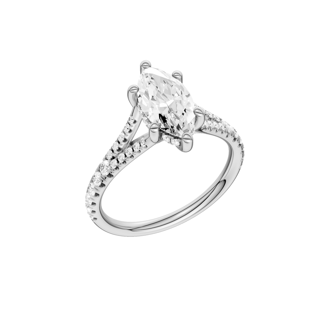 A three-quarter view of the Marquise cut diamond engagement ring in platinum with a prong band and hidden halo setting