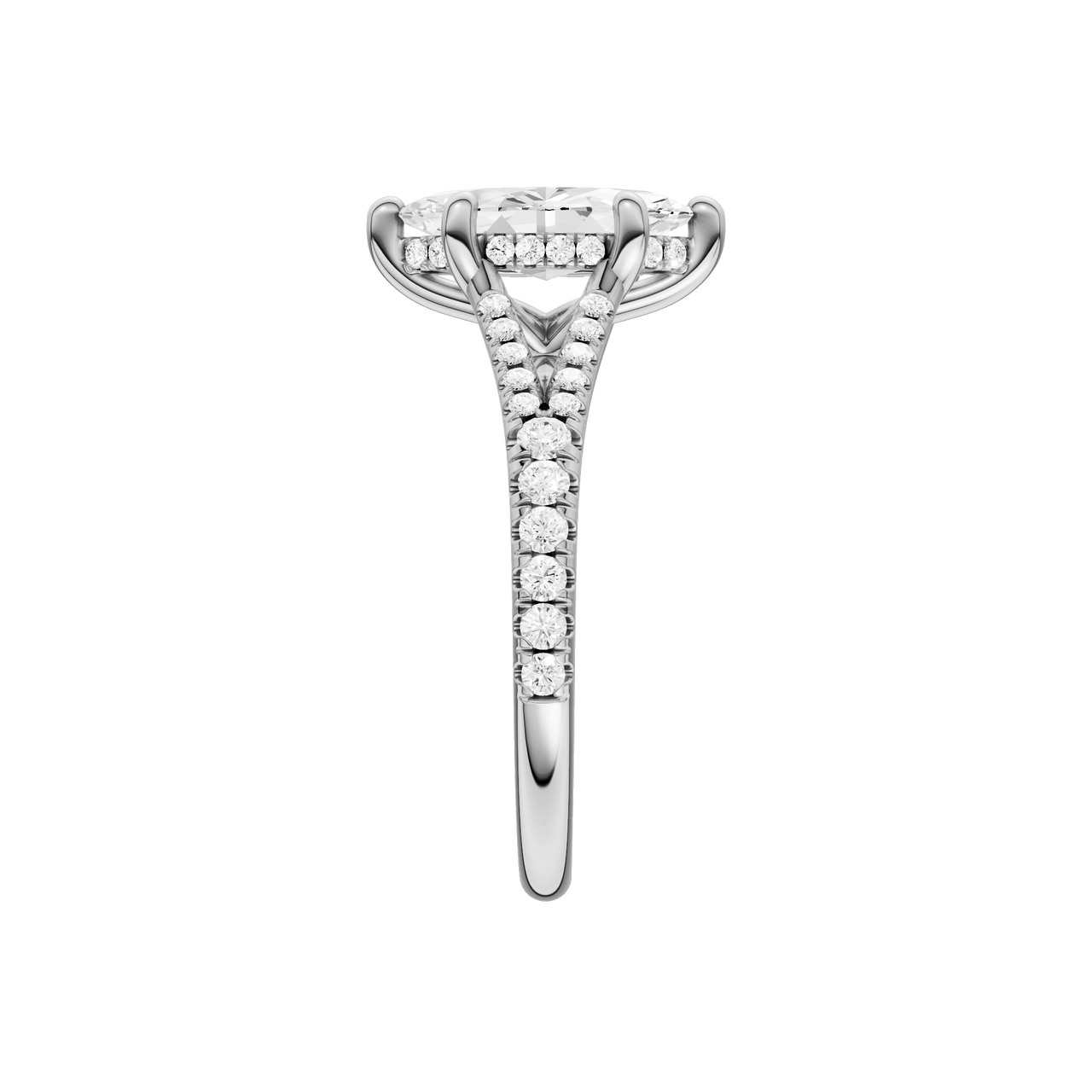 A side view of the Marquise cut diamond engagement ring in 14k white gold with a prong band and hidden halo setting