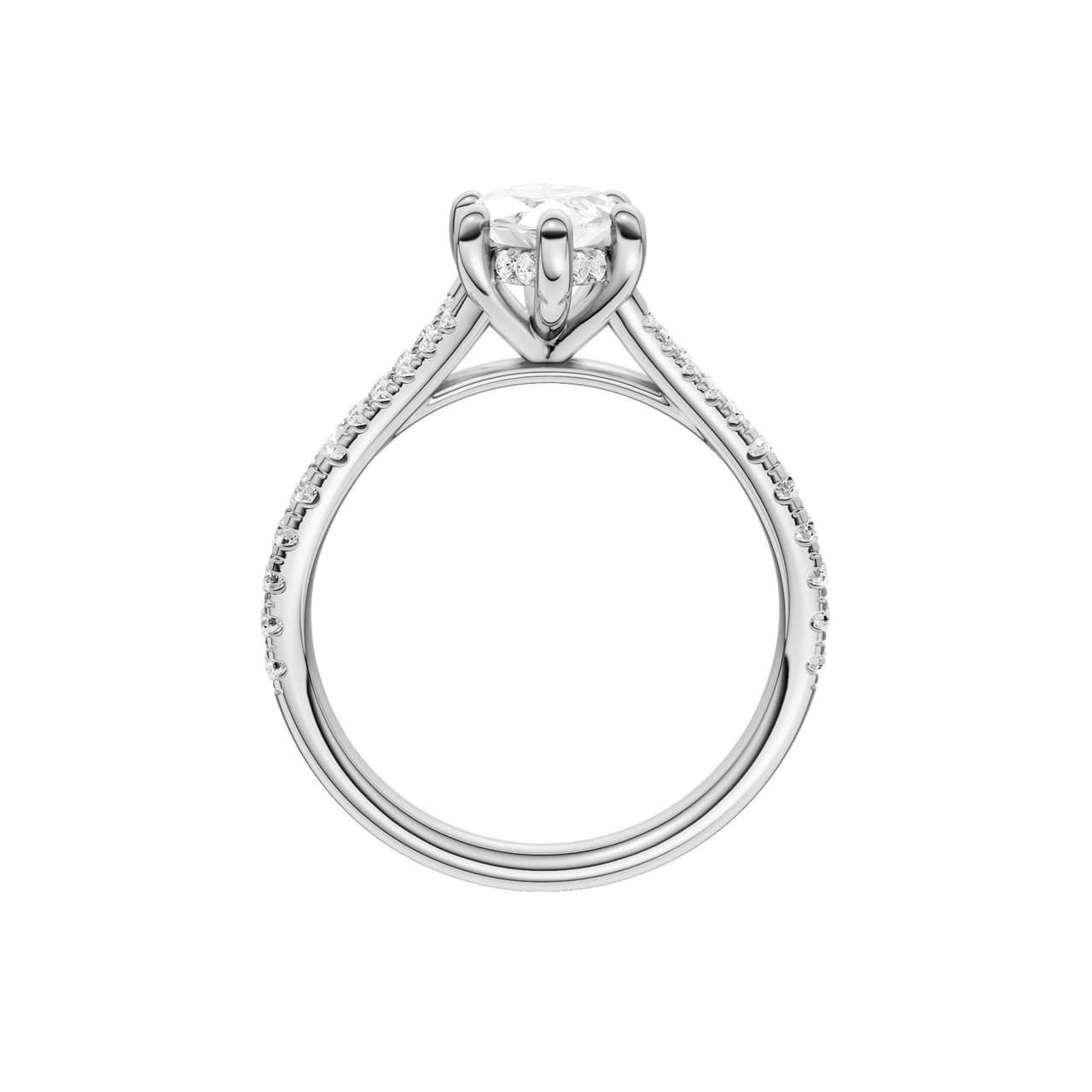 A profile view of the Marquise cut diamond engagement ring in 14k white gold with a prong band and hidden halo setting