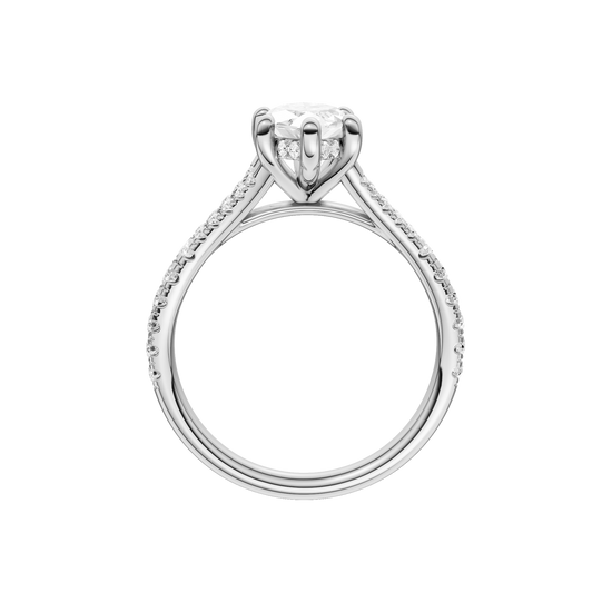 A profile view of the Marquise cut diamond engagement ring in platinum with a prong band and hidden halo setting