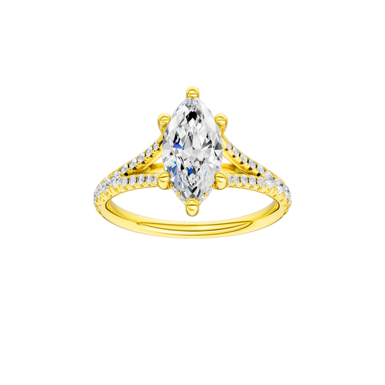 A front view of the Marquise cut diamond engagement ring in 14k yellow gold with a prong band and hidden halo setting