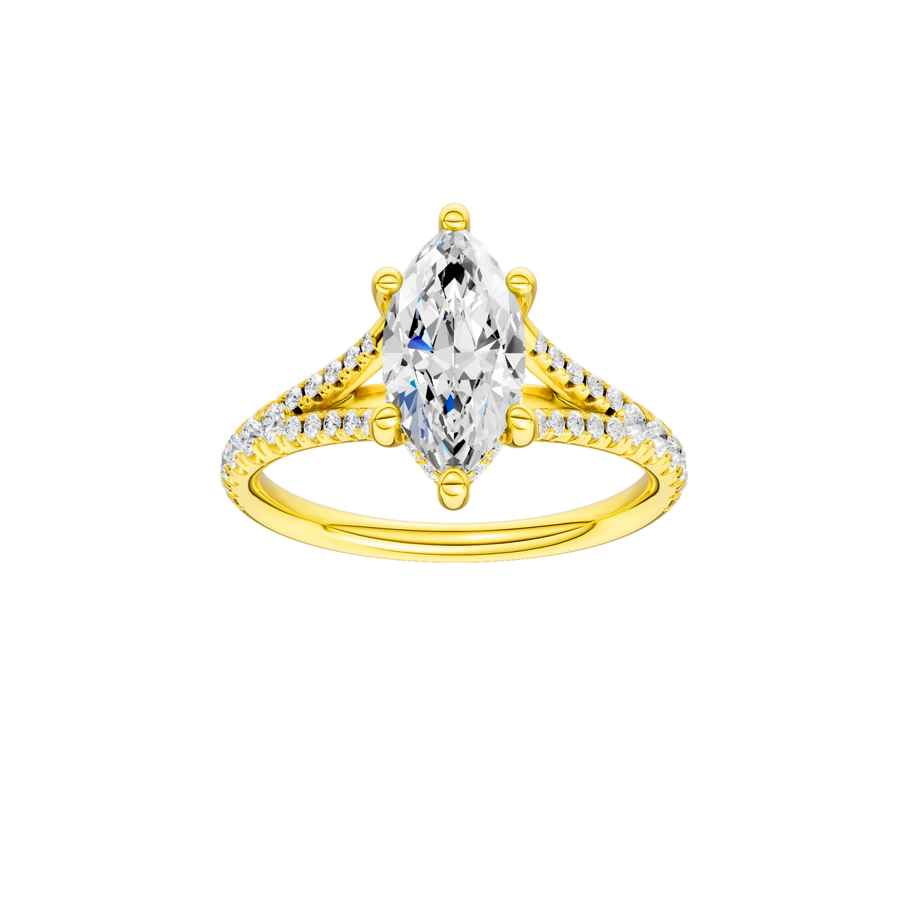 A front view of the Marquise cut diamond engagement ring in 14k yellow gold with a prong band and hidden halo setting