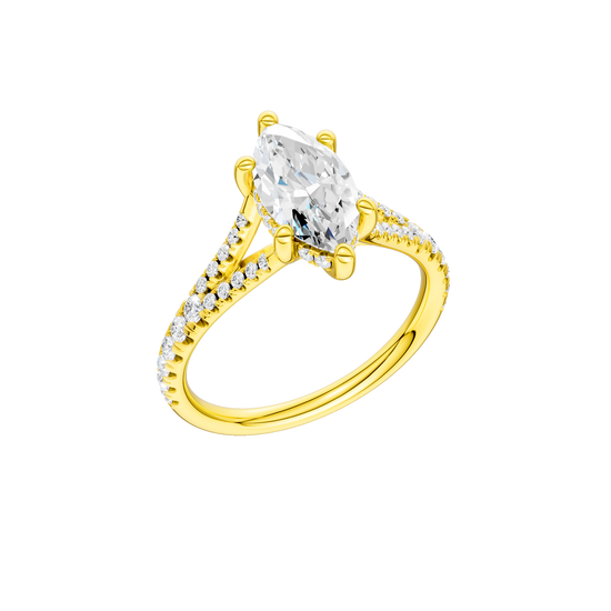 A three-quarter view of the Marquise cut diamond engagement ring in 14k yellow gold with a prong band and hidden halo setting