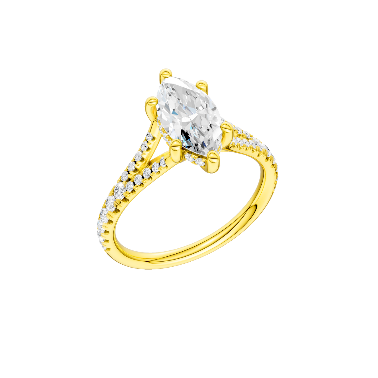 A three-quarter view of the Marquise cut diamond engagement ring in 14k yellow gold with a prong band and hidden halo setting