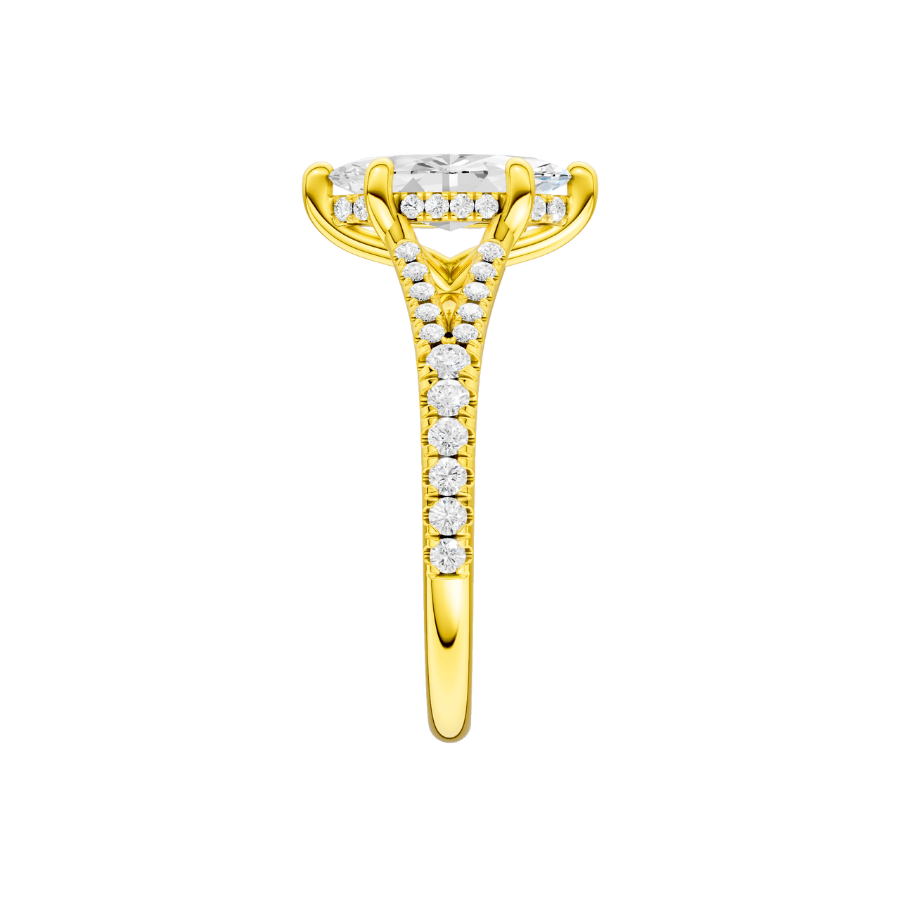 A side view of the Marquise cut diamond engagement ring in 14k yellow gold with a prong band and hidden halo setting