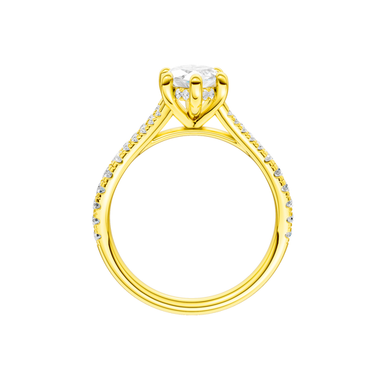 A profile view of the Marquise cut diamond engagement ring in 14k yellow gold with a prong band and hidden halo setting