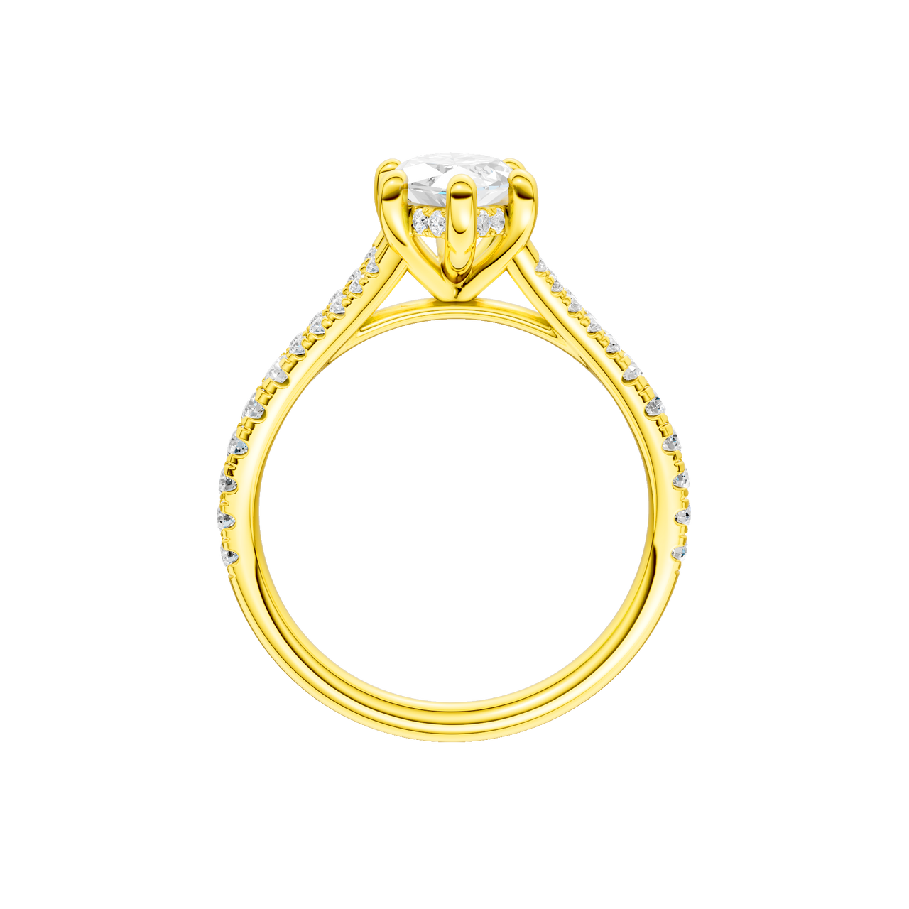 A profile view of the Marquise cut diamond engagement ring in 14k yellow gold with a prong band and hidden halo setting