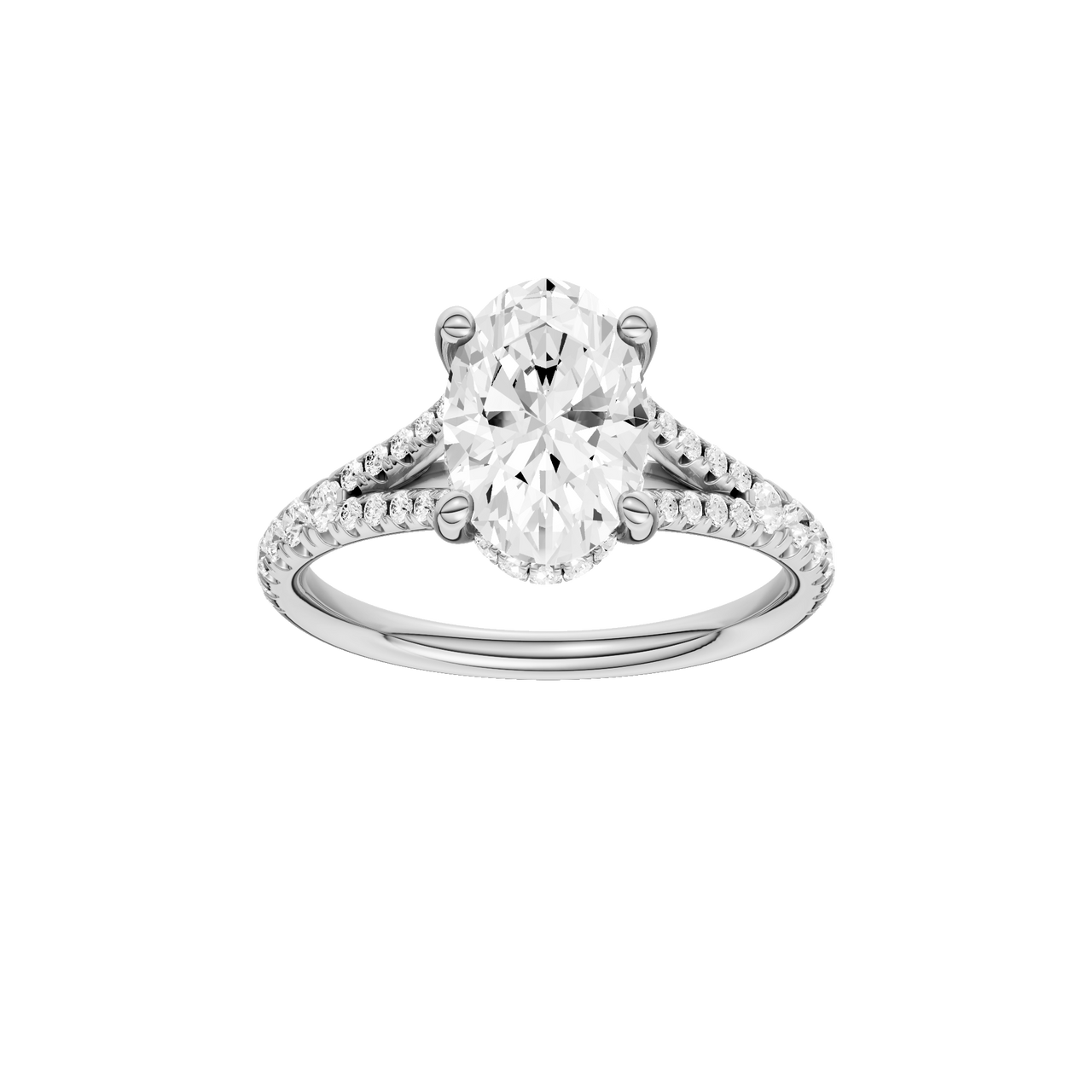 A front view of the Oval cut diamond engagement ring in 14k white gold with a prong band and hidden halo setting