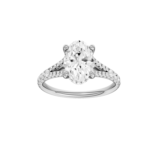 A front view of the Oval cut diamond engagement ring in platinum with a prong band and hidden halo setting