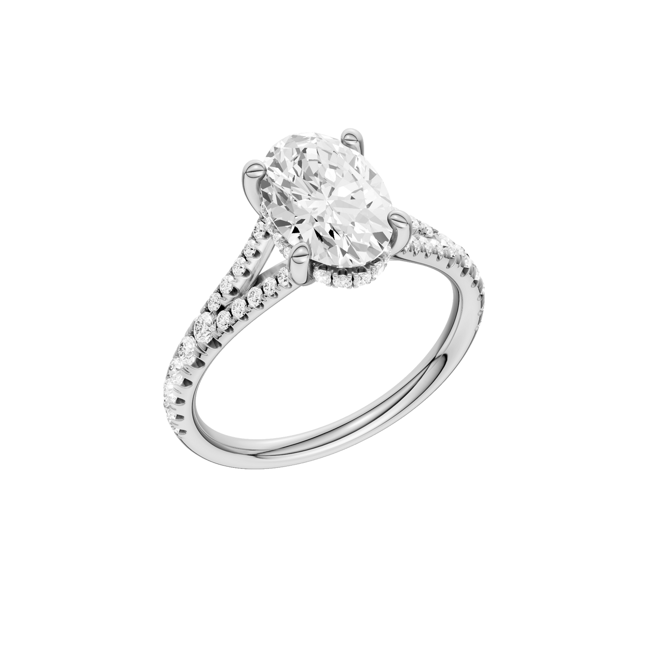 A three-quarter view of the Oval cut diamond engagement ring in 14k white gold with a prong band and hidden halo setting