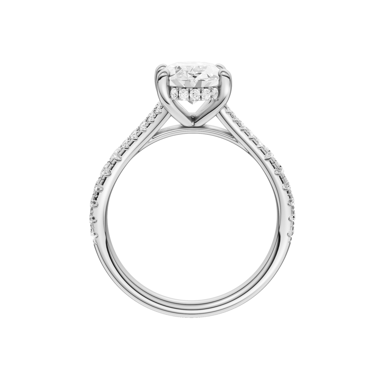A profile view of the Oval cut diamond engagement ring in 14k white gold with a prong band and hidden halo setting