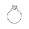 A profile view of the Oval cut diamond engagement ring in platinum with a prong band and hidden halo setting