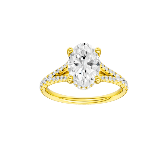 A front view of the Oval cut diamond engagement ring in 14k yellow gold with a prong band and hidden halo setting