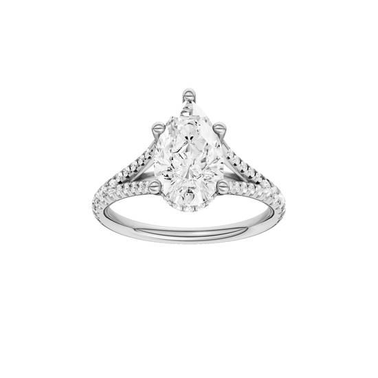 A front view of the Pear cut diamond engagement ring in platinum with a prong band and cathedral setting